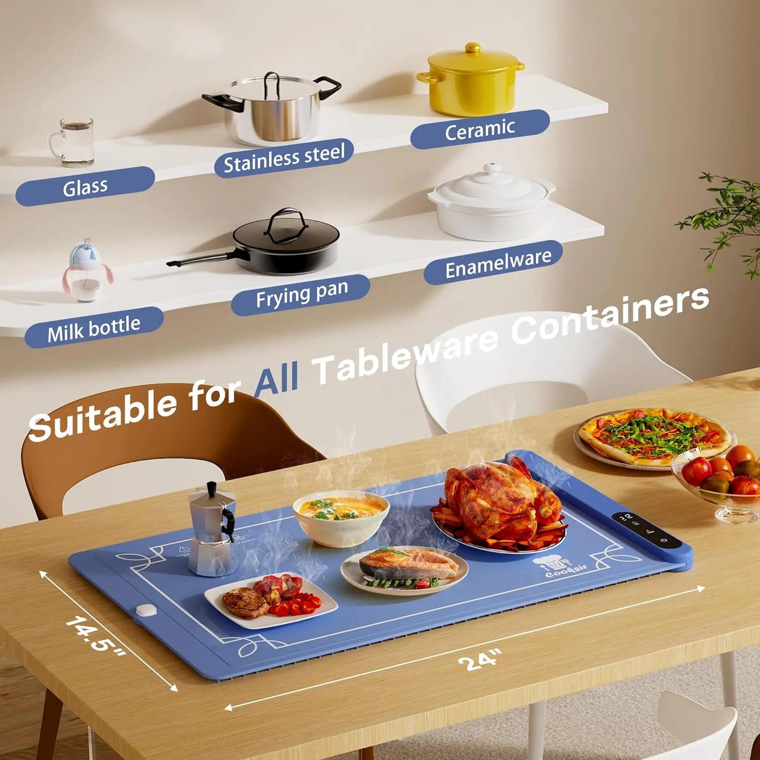 Electric Warming Mat - Foldable Tray, Full Surface High-tech Graphene Warmer for Food, Buffets, Parties, Gatherings, Holidays, Timer, 6 Level Temperature, 24 Inch (Navy Blue)