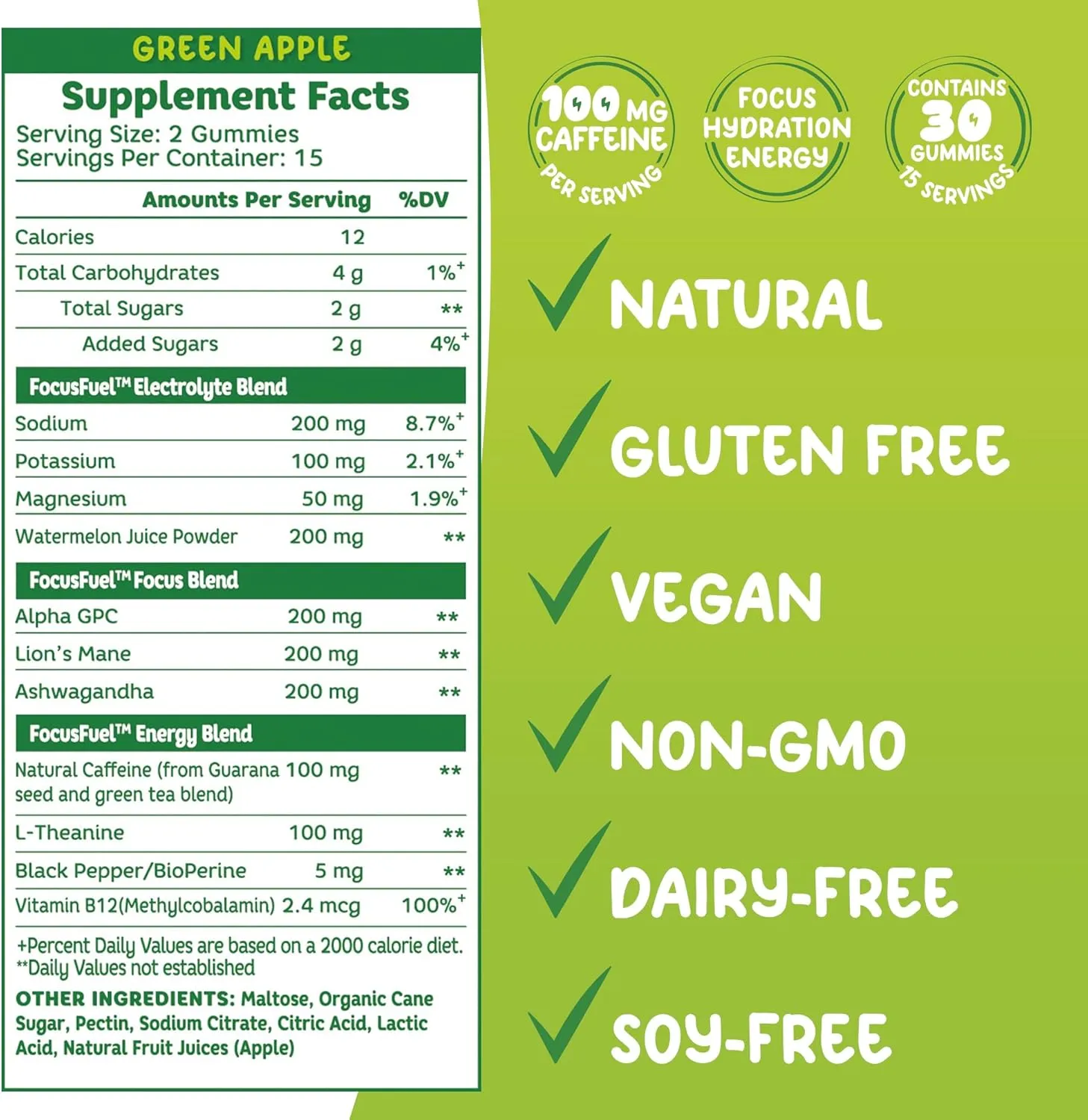 Energy Chews – Green Apple Flavor (15 Servings) – 100mg Caffeine   B12, Magnesium – Boost Focus & Energy – No Crash or Jitters