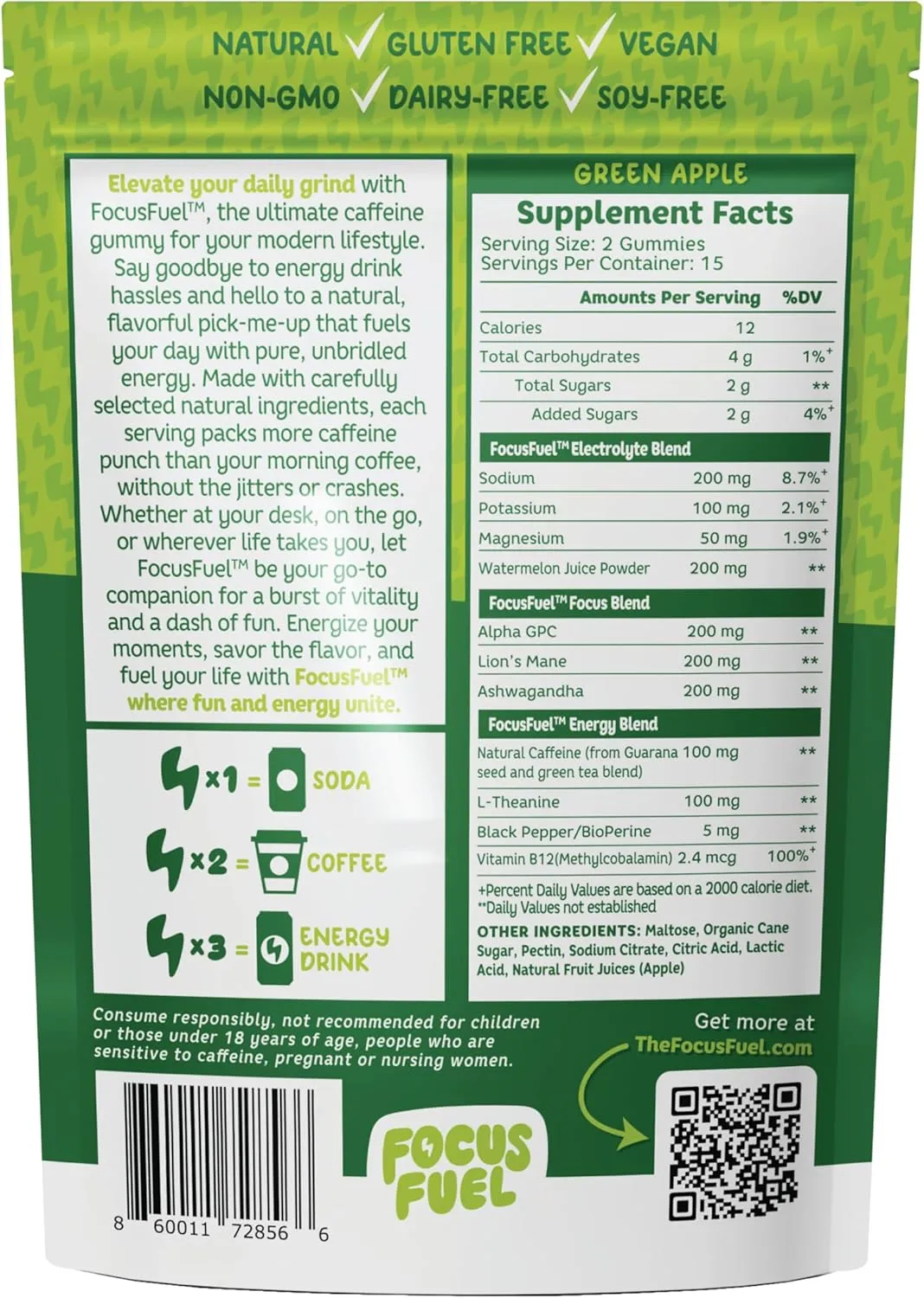 Energy Chews – Green Apple Flavor (15 Servings) – 100mg Caffeine   B12, Magnesium – Boost Focus & Energy – No Crash or Jitters