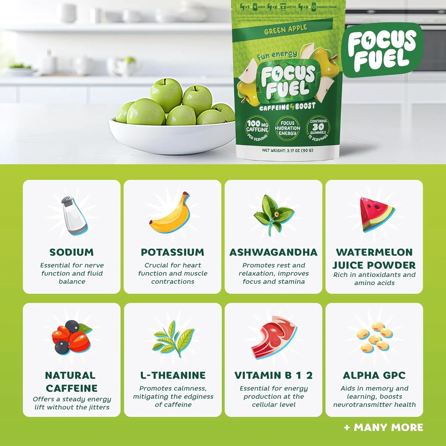 Energy Chews – Green Apple Flavor (15 Servings) – 100mg Caffeine   B12, Magnesium – Boost Focus & Energy – No Crash or Jitters