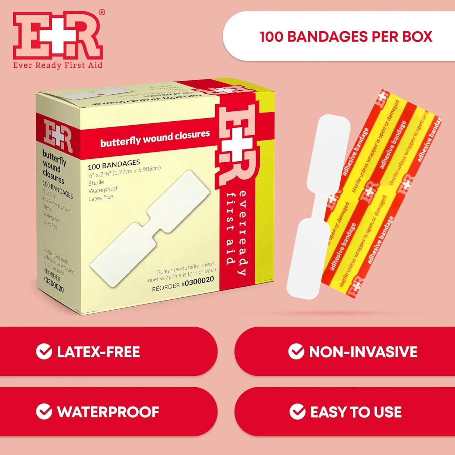 Ever Ready First Aid Sterile Butterfly Strips, Individually Wrapped Wound Closure Bandages for Small Wounds Protection, ½” x 2 ¾” – 300 Count