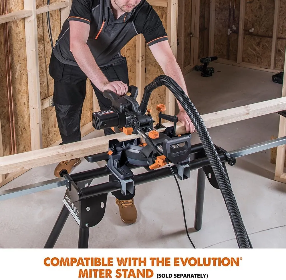 Evolution Power Tools R185SMS  Sliding Miter Saw with Multi-Material Cutting, 45 Degree Bevel, 50 Degree Miter, 210 mm Slide, Blade Included Cuts Wood Plastic Metal & More, 7-1/4"