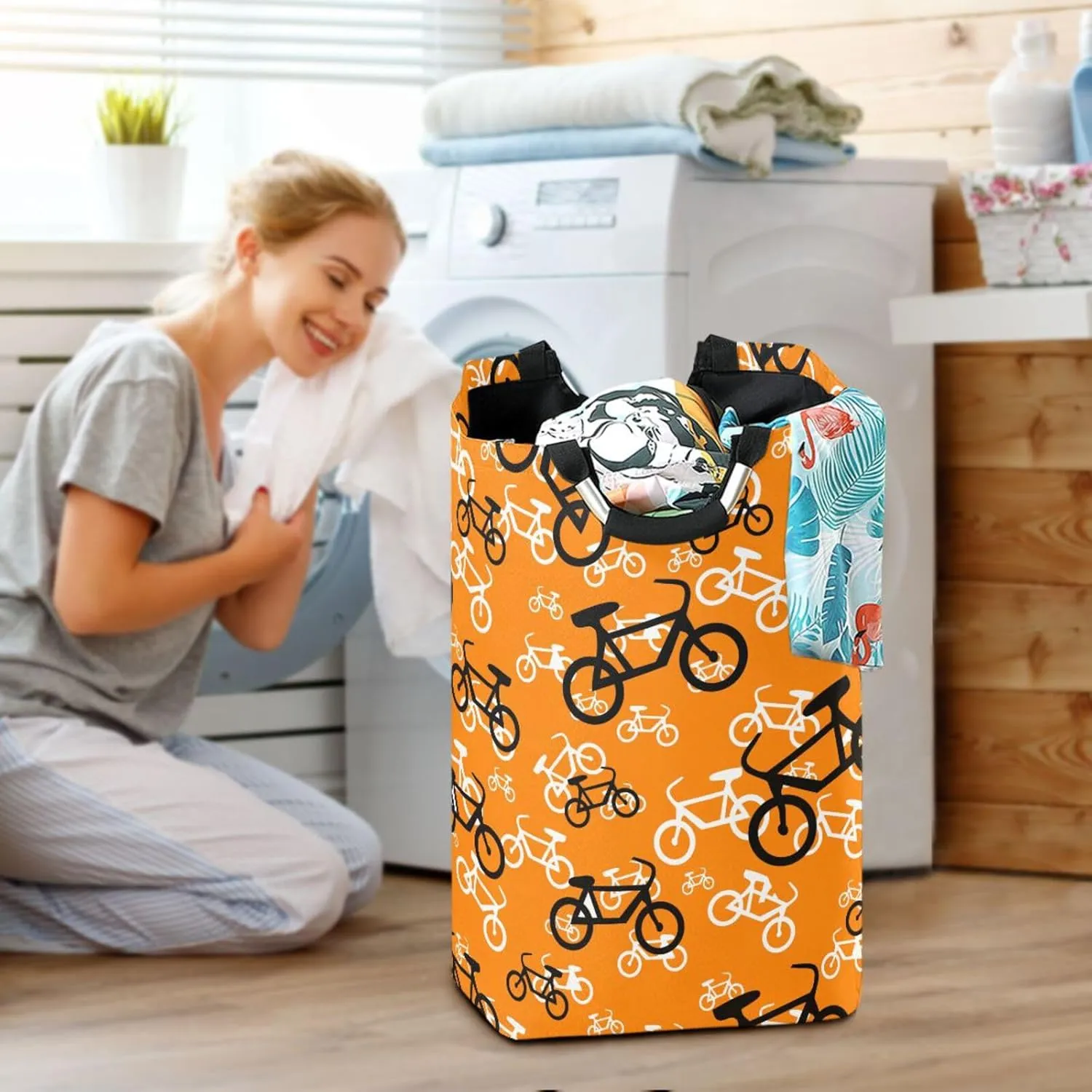Exnundod Laundry Hamper Cute Bicycle Pattern Laundry Basket Collapsible Laundry Bag Cloth Hamper Towel Basket Large Storage Bag for Dorm Bedroom