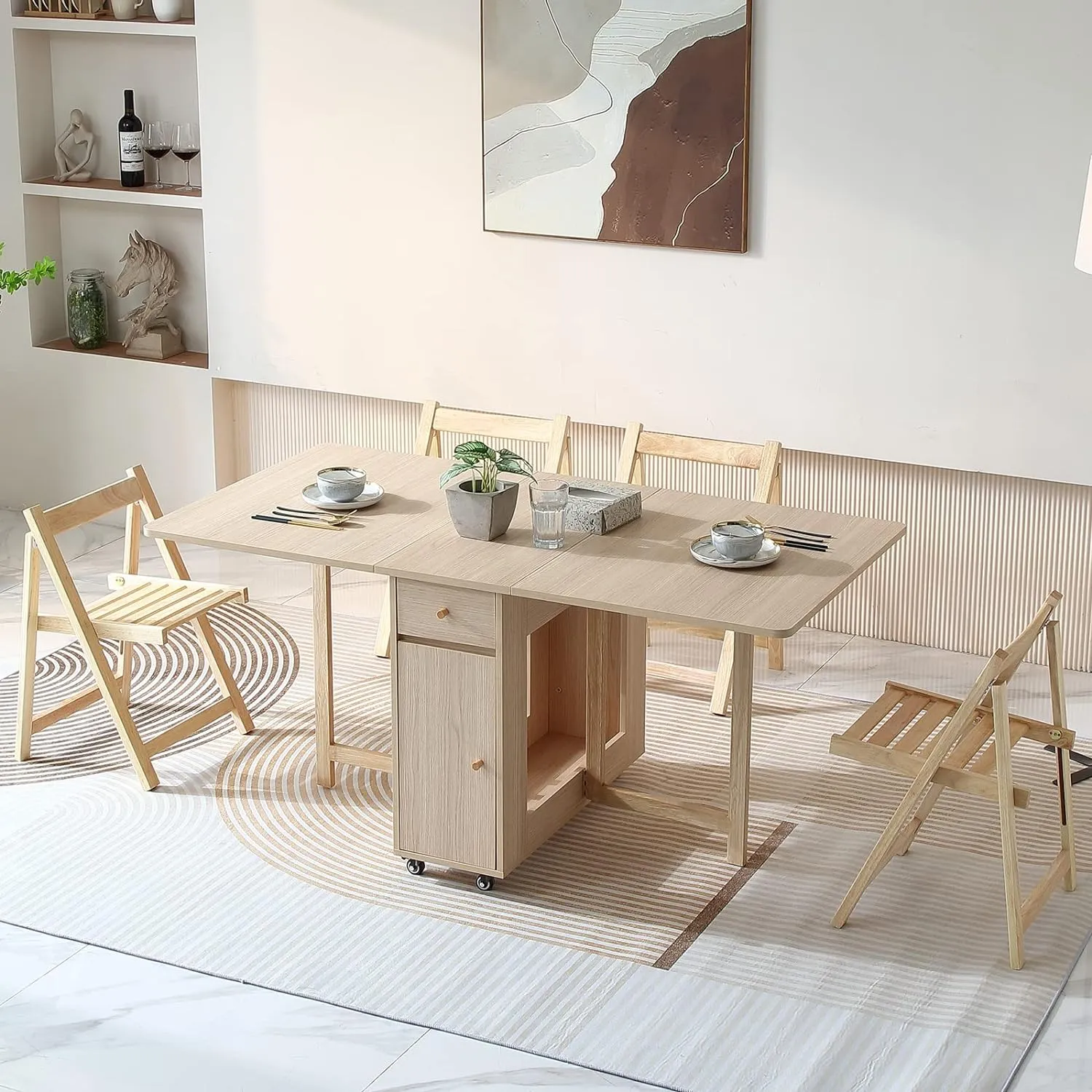 Extendable Drop Leaf Folding Dining Table with 2 Drawers and 4 Wheels for Living Room Kitchen Farmhouse Space Saving Table in Wood Color