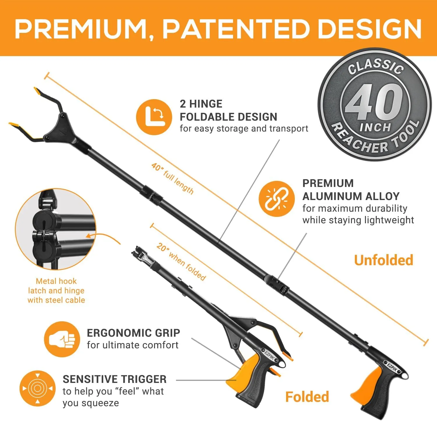 EZPIK Classic 40" Flexible Folding Grabber Tool for Elderly   Magnets, Reacher for Disabled & Seniors Heavy Duty Rotating Grippers for Reaching Underneath, Trash Grabbers & Pickers for Mobility