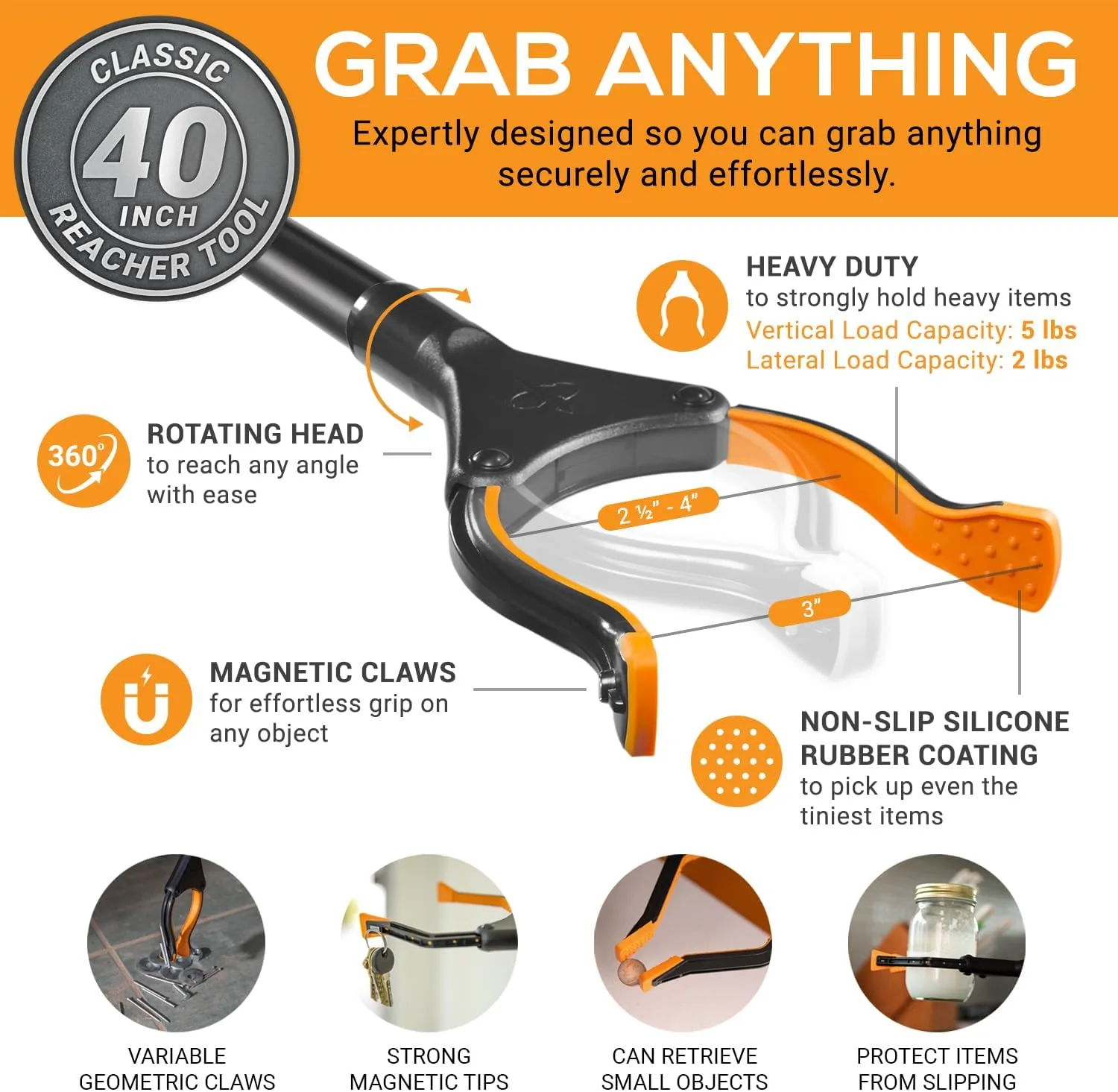 EZPIK Classic 40" Flexible Folding Grabber Tool for Elderly   Magnets, Reacher for Disabled & Seniors Heavy Duty Rotating Grippers for Reaching Underneath, Trash Grabbers & Pickers for Mobility