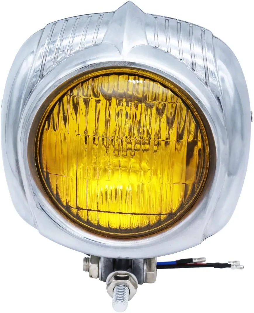 FATECIM Retro Vintage Polish Motorcycle Headlight Headlamp Sealed Beam Custom Universal For Harley Cafe Racer Bobber Chopper Cruiser Yamaha Honda - Amber Yellow Lens