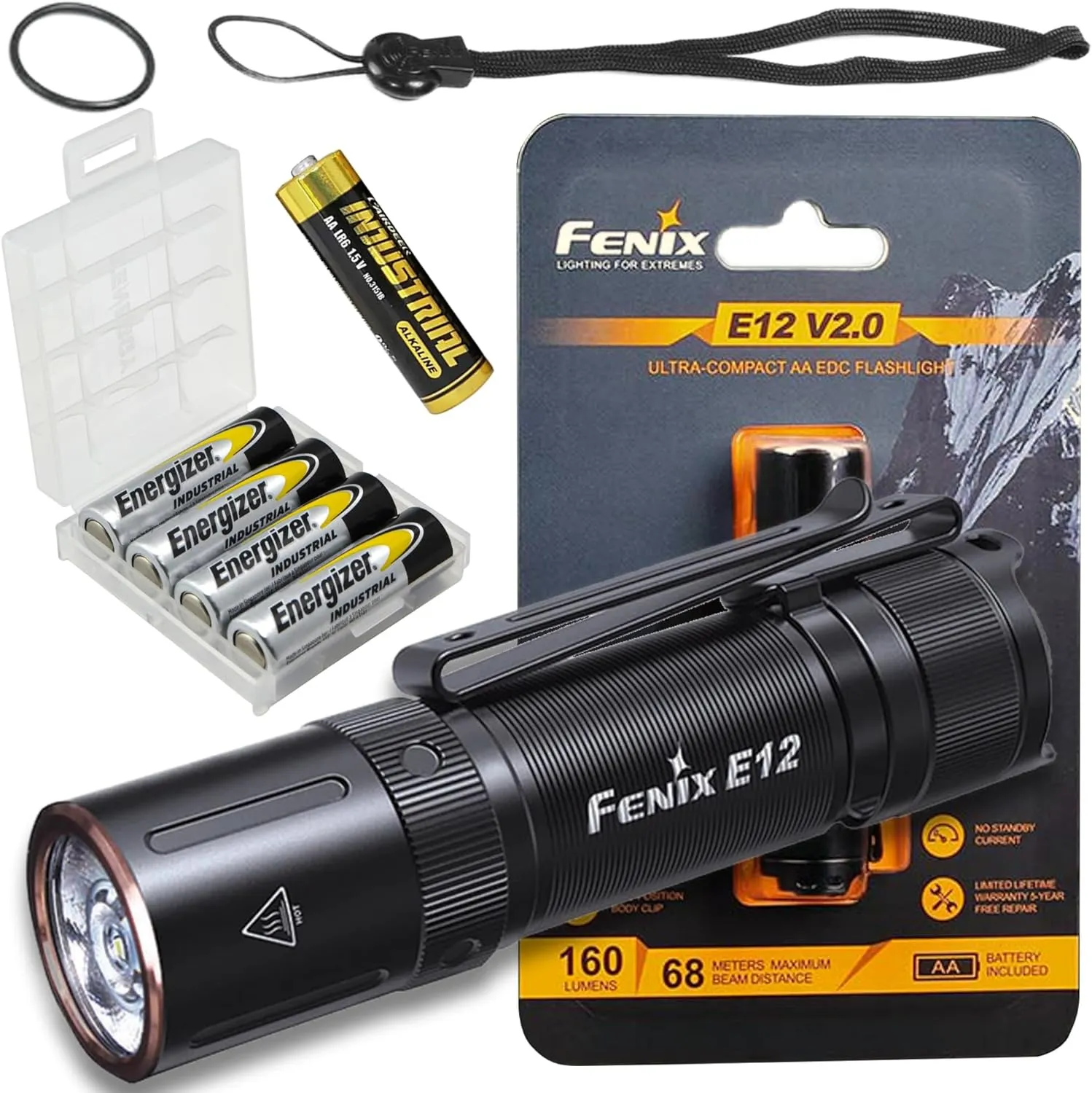 Fenix E12 V2.0 160 Lumens AA Powered LED Tactical Flashlight, Everyday Carry Flashlight Bundled w/ 4 Extra AA Batteries, and a Lumintrail Battery Case, Black