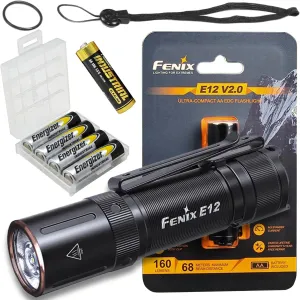 Fenix E12 V2.0 160 Lumens AA Powered LED Tactical Flashlight, Everyday Carry Flashlight Bundled w/ 4 Extra AA Batteries, and a Lumintrail Battery Case, Black