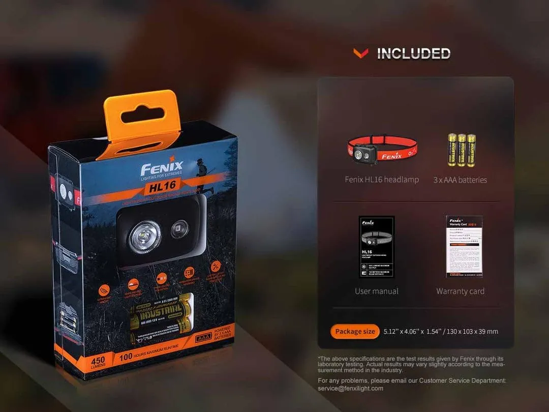 fenix HL16 Black Lightweight Multipurpose Headlamp | 450 lumens | 104m | 100 Hrs Max | AAA Powered | Red Light Mode | SOS Function | IP66