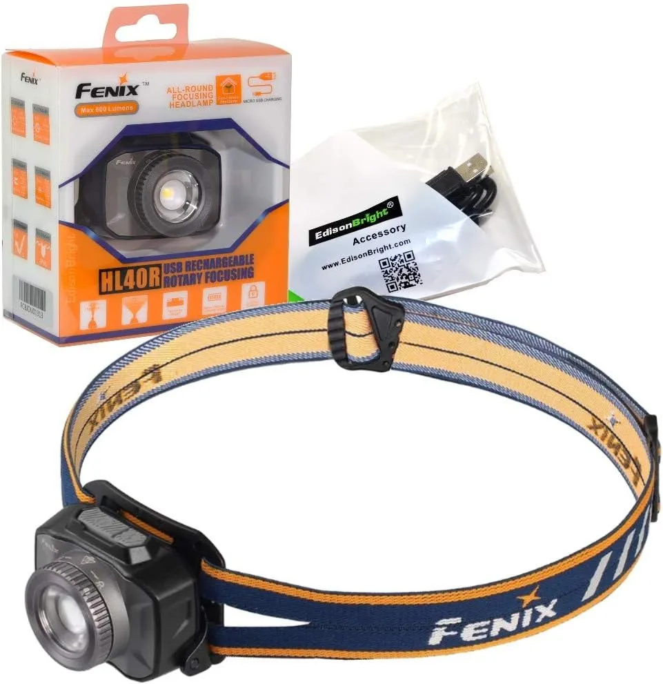 Fenix HL40R USB rechargeable 600 lumen zoom-able adjustable beam distance CREE LED headlamp with EdisonBright USB charging cable (Grey)
