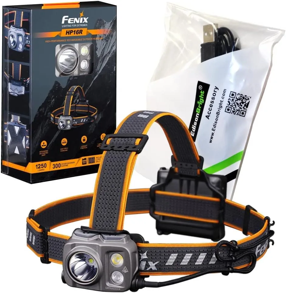 Fenix HP16R 1250 lumen dual white beam & red LED Headlamp, rechargeable battery with EdisonBright USB type-C charging cable