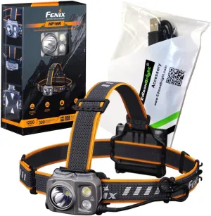 Fenix HP16R 1250 lumen dual white beam & red LED Headlamp, rechargeable battery with EdisonBright USB type-C charging cable