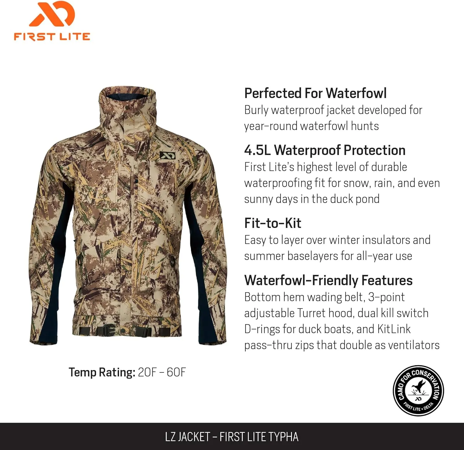 First Lite Men's LZ Jacket - Waterproof Breathable Camo Duck Hunting Shell