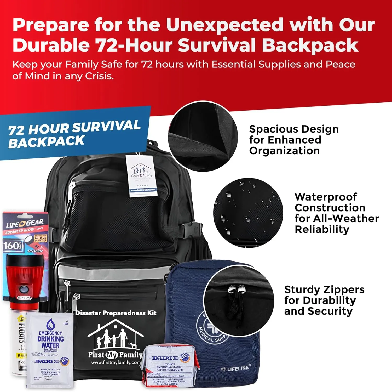 First My Family All-in-One 4 Person, 72 Hour Emergency Survival Kit for Fires, Earthquakes, Hurricanes, Floods, Tsunami and Other Disasters - Premium Black Backpack
