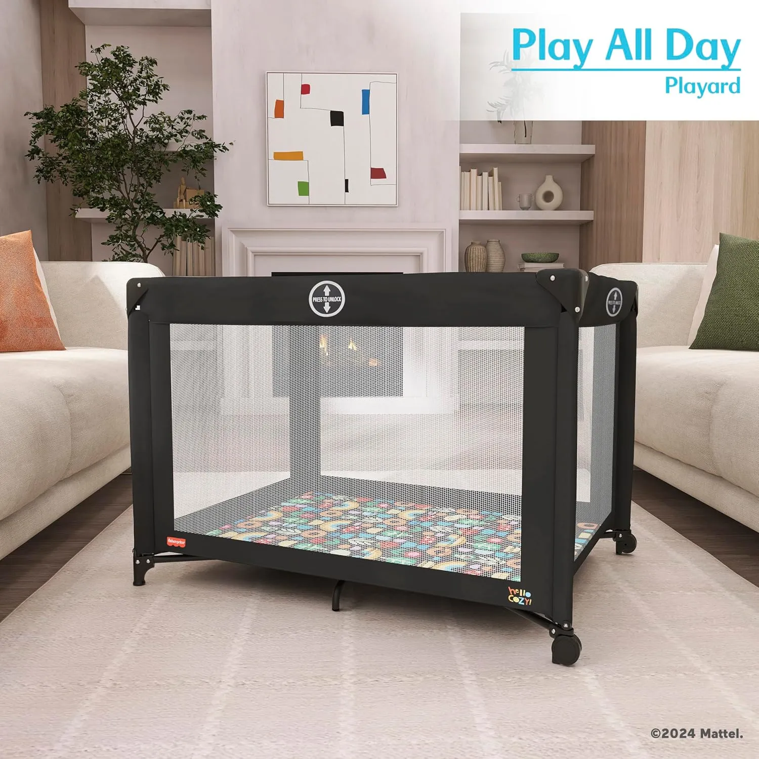Fisher-Price Play All Day Baby Playard in Black, No Tool Assembly, Easy One-Hand Fold Playard, Breathable Mesh Sides, Carry Bag Included