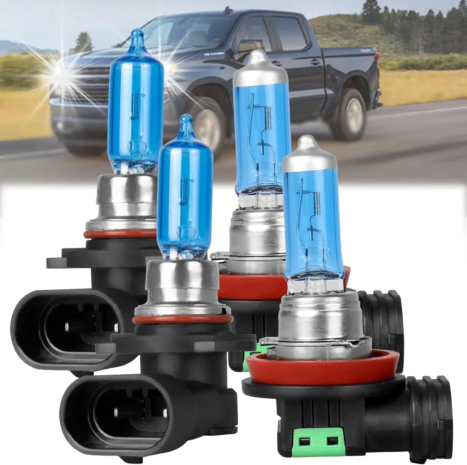 Fit For Chevy Silverado 1500 2500 HD 3500 HD 2007-2021 Halogen Headlight Bulbs,9005/HB3 High Beam H11 Low Beam Halogen Headlight Bulbs Headlamp Replcement Bulb Kit,Plug and Play,Bright White,Pack of 4