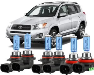 Fit forToyota RAV4 2006-2012 Halogen Replacement Headlight Bulbs,9005 High Beam 9006 Low Beam and H11 Fog Lights Headlamp Kit, 6000K Super White,Plug and Play,Pack of 6