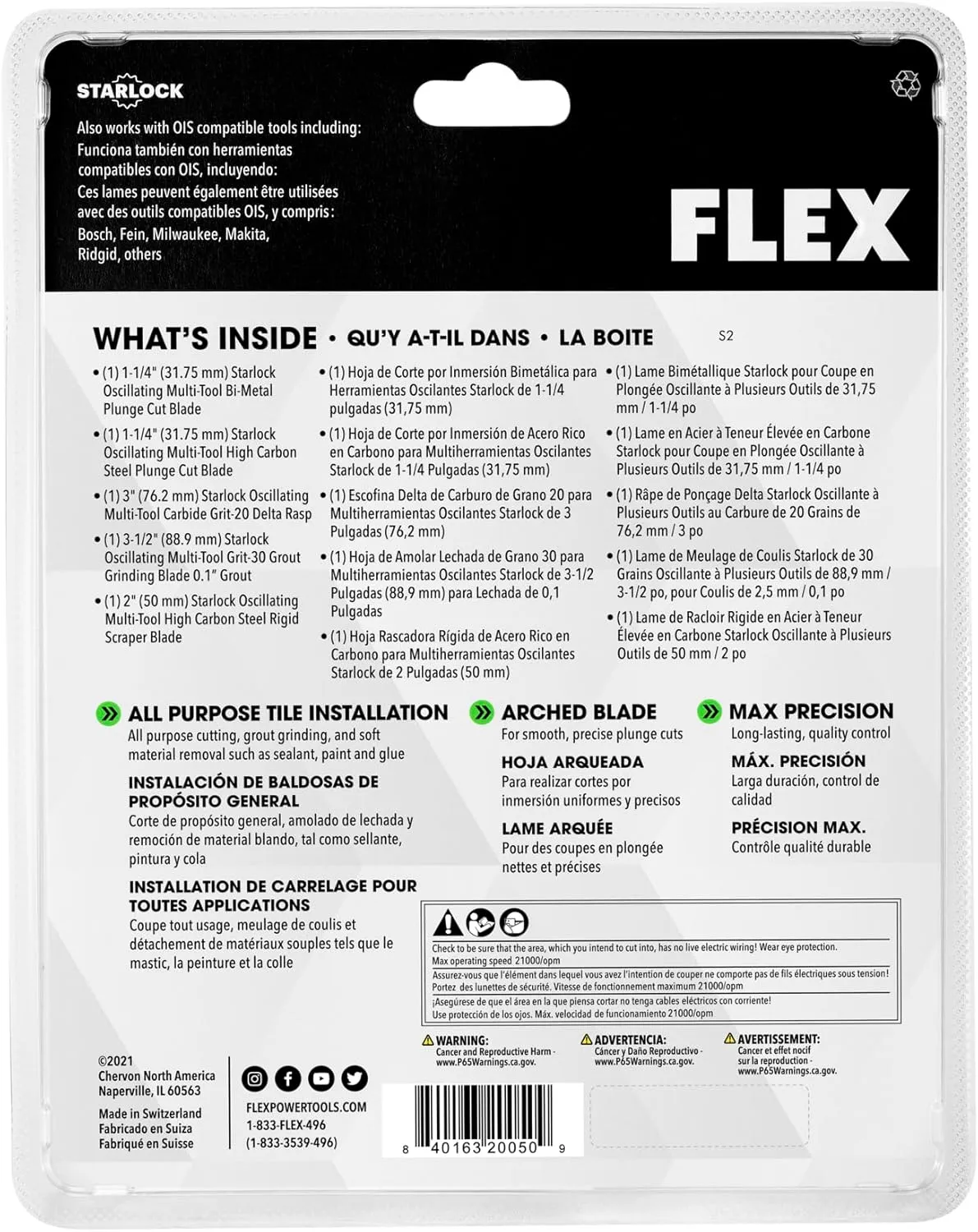 FLEX 5-Piece Oscillating Tool Tiling Project Blade Set, Cuts Wood, Wood with Nails, Metal, Grout, Drywall, PVC - FAM40002-5