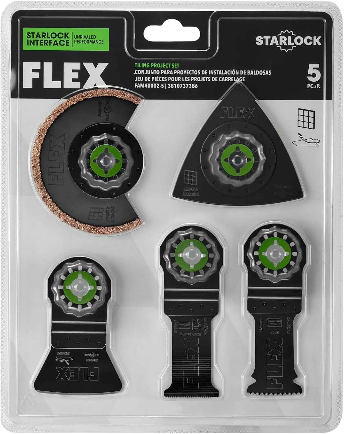 FLEX 5-Piece Oscillating Tool Tiling Project Blade Set, Cuts Wood, Wood with Nails, Metal, Grout, Drywall, PVC - FAM40002-5