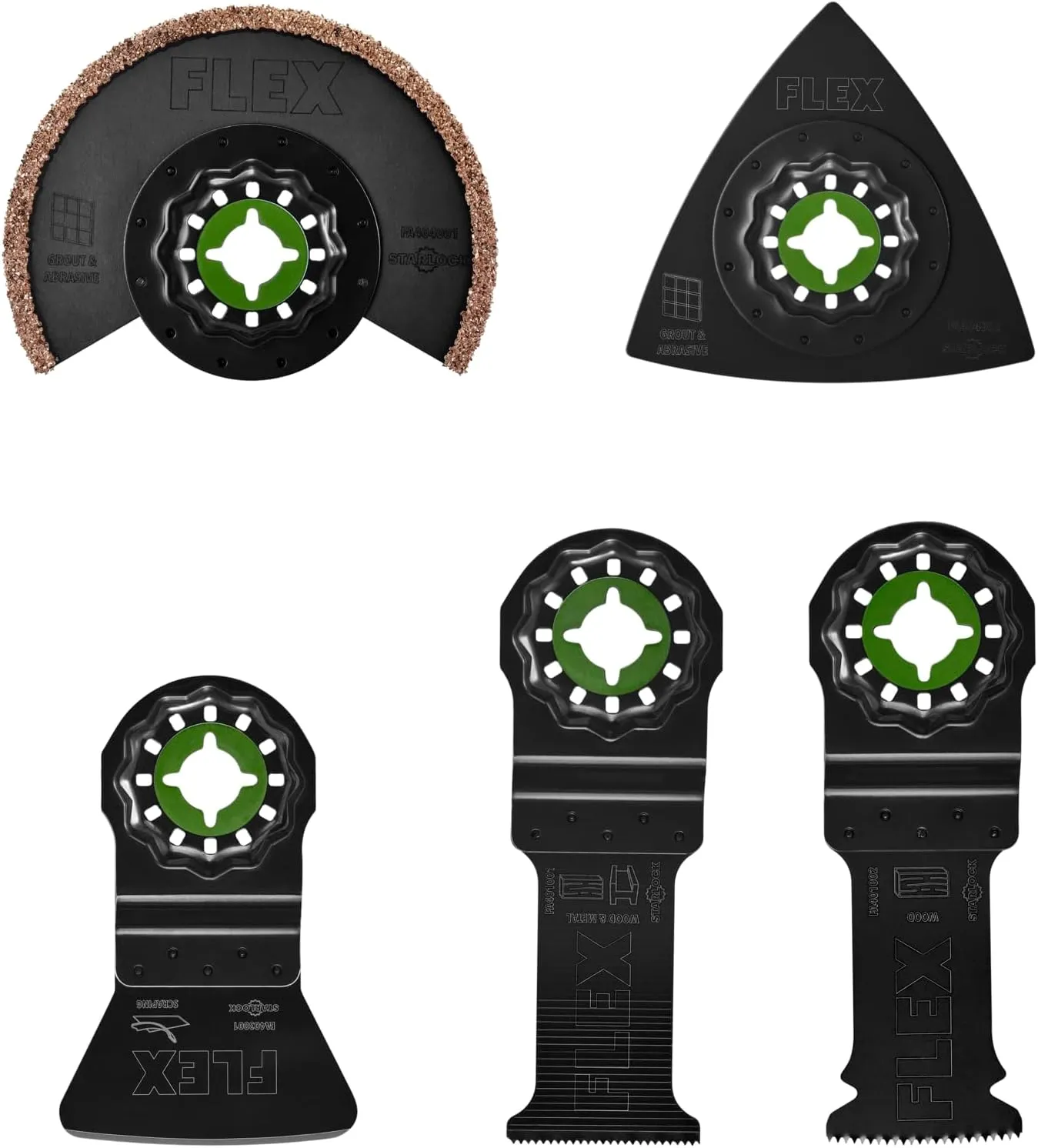 FLEX 5-Piece Oscillating Tool Tiling Project Blade Set, Cuts Wood, Wood with Nails, Metal, Grout, Drywall, PVC - FAM40002-5