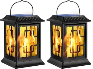 Flickering Solar Lantern Outdoor, Waterproof Hanging Flame Solar Powered Lantern for Pathway, Tabletop, Patio, Garden Decoratives (2 Pack)
