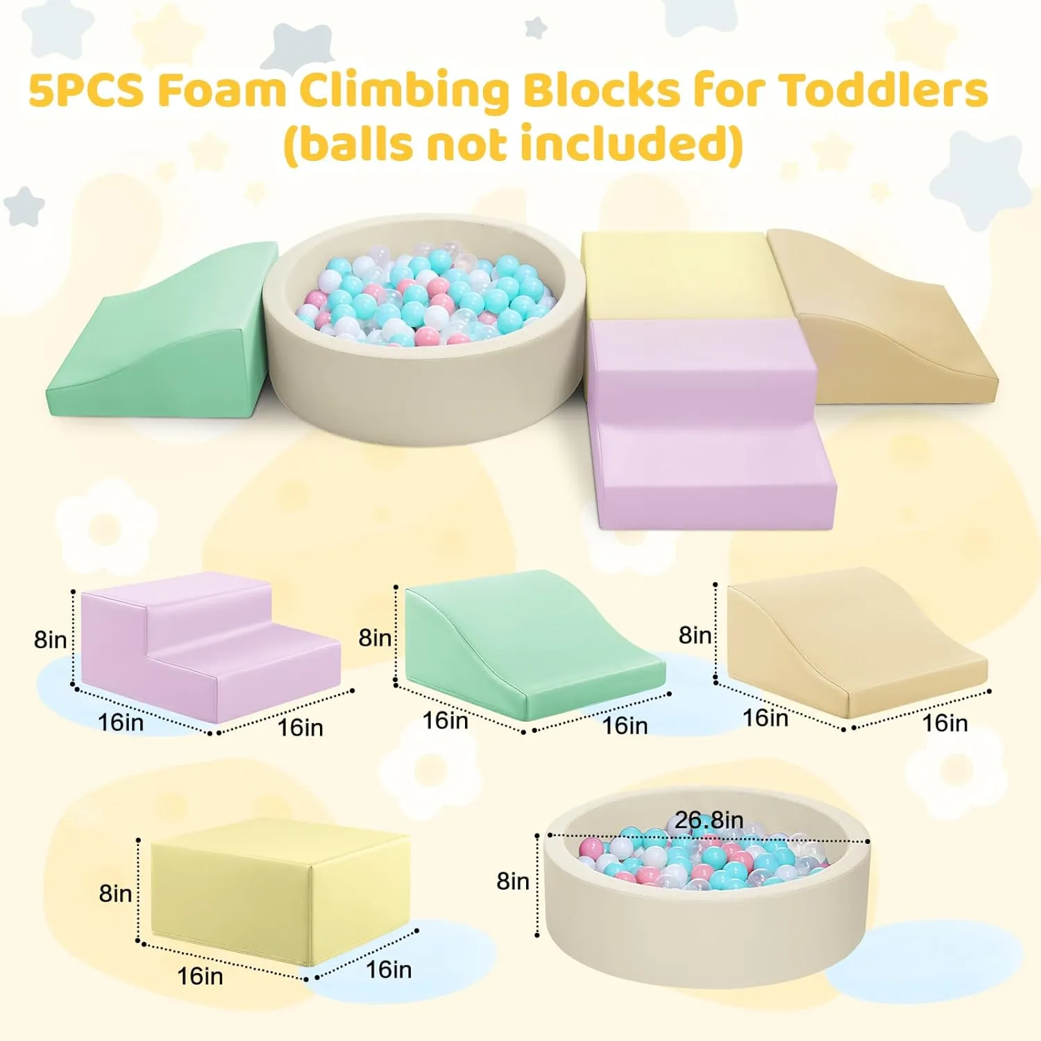 Foam Climbing Blocks for Toddler: with 4-Piece PU Leather Climbing Toys and a Ball Pit - Foam Ball Pit for Toddlers - Climbing Toys Indoor for Kids Crawling (Yellow Climbing Blocks)