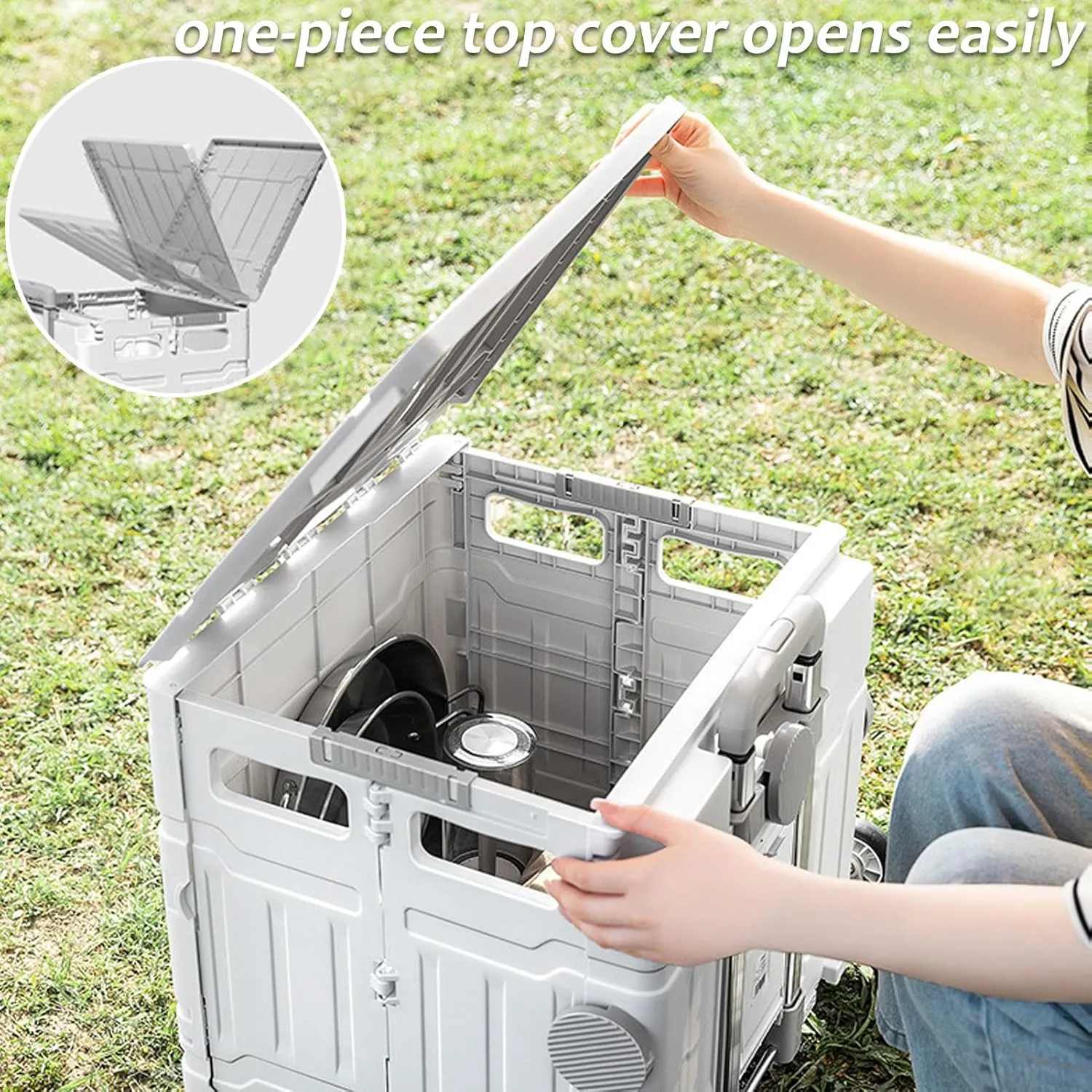 Foldable Utility Cart Collapsible Rolling Carts with Lid Portable Rolling Crate Handcart Shopping Trolley with Telescopic Handle 4 Wheels for Picnic Camping Moving Luggage Use