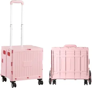 Foldable Utility Cart Collapsible Rolling Carts with Lid Portable Rolling Crate Handcart Shopping Trolley with Telescopic Handle 4 Wheels for Picnic Camping Moving Luggage Use
