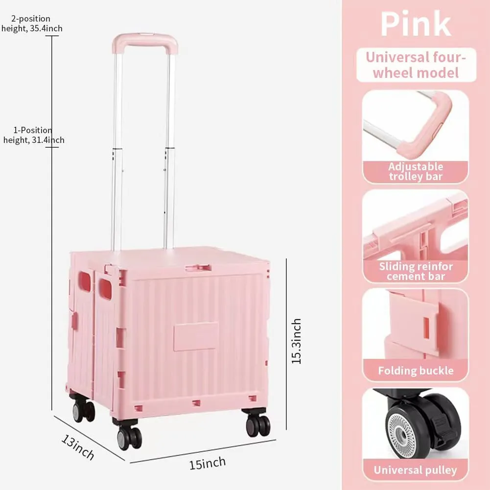 Foldable Utility Cart Collapsible Rolling Carts with Lid Portable Rolling Crate Handcart Shopping Trolley with Telescopic Handle 4 Wheels for Picnic Camping Moving Luggage Use