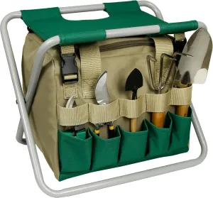 Folding Gardening Stool with Detachable Storage Tote Bag, Multifunctional Gardening Tools Set Organizer for Fishing and Camping,Portable Garden Chair Seat for Adults (Green Khaki)