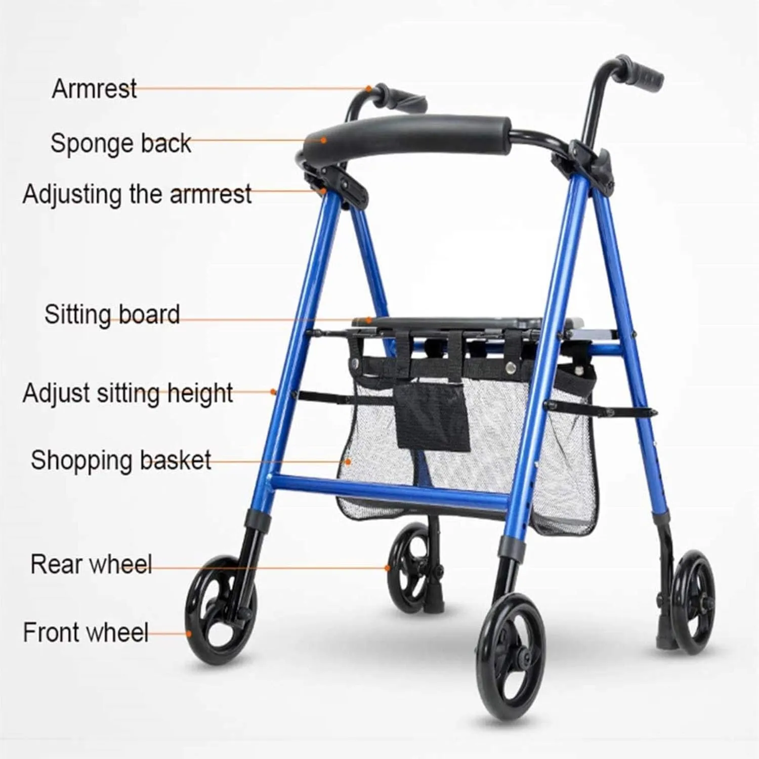 Folding Rollator Rollator Walker, Walking Frame 4 Wheel Foldable Compact Mobility Aids with Seat Bag Transport Chair Walker Multi Use Walking Stick Elderly Disabled