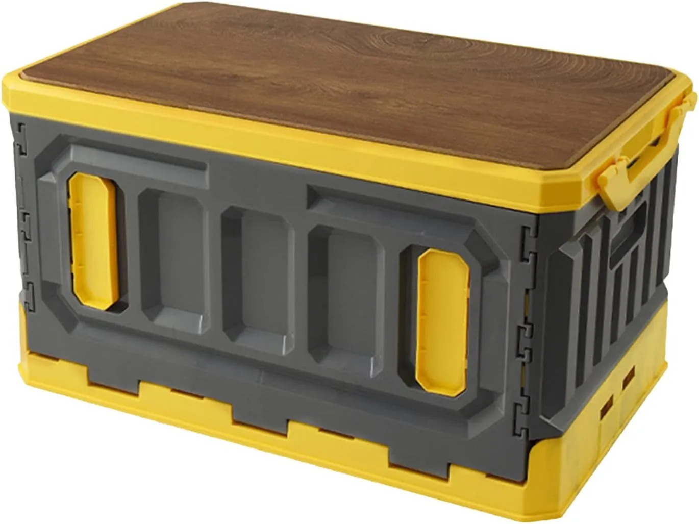 Folding Storage Box, Camping Box Foldable Stackable Large Capacity 3 Layer Wood Cover Plastic Storage Bin 95L