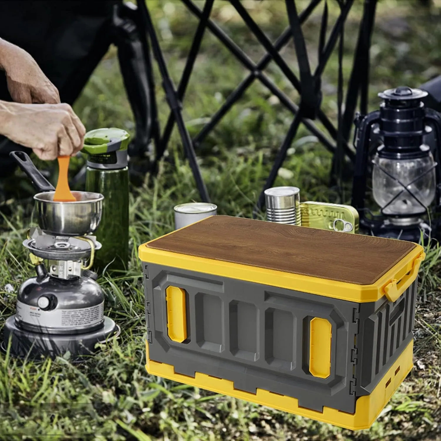 Folding Storage Box, Camping Box Foldable Stackable Large Capacity 3 Layer Wood Cover Plastic Storage Bin 95L