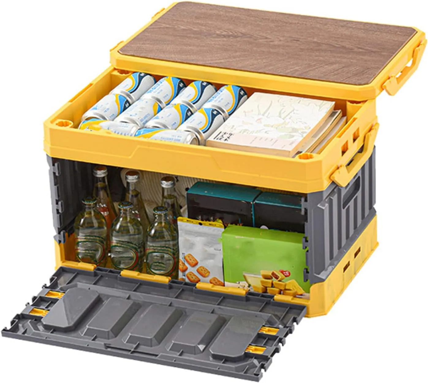 Folding Storage Box, Camping Box Foldable Stackable Large Capacity 3 Layer Wood Cover Plastic Storage Bin 95L