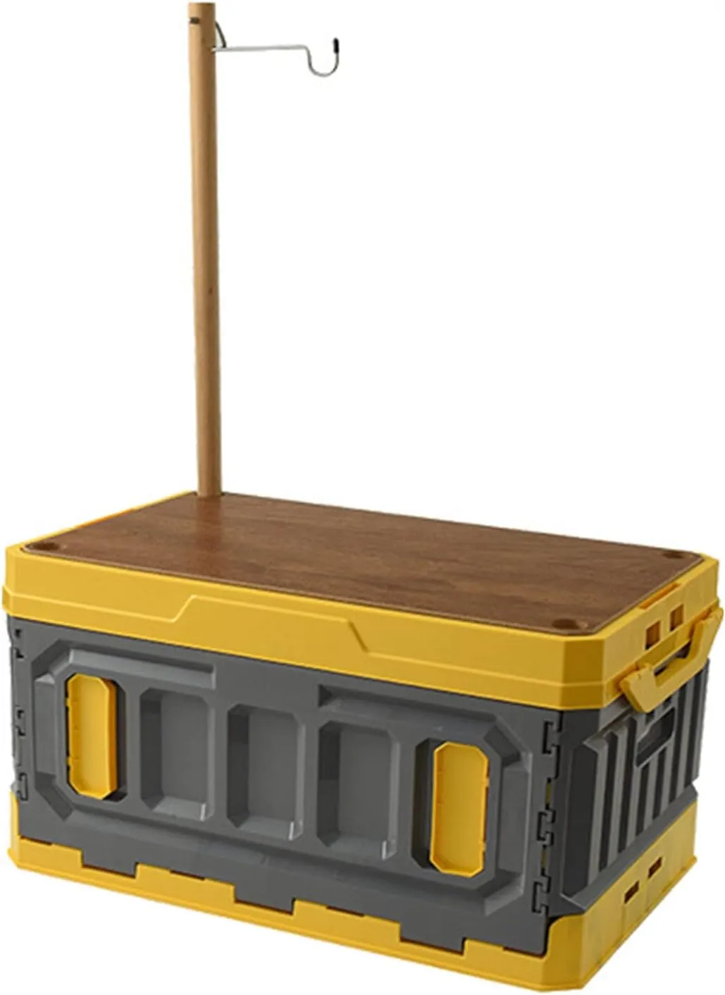 Folding Storage Box, Camping Box Foldable Stackable Large Capacity 3 Layer Wood Cover Plastic Storage Bin 95L