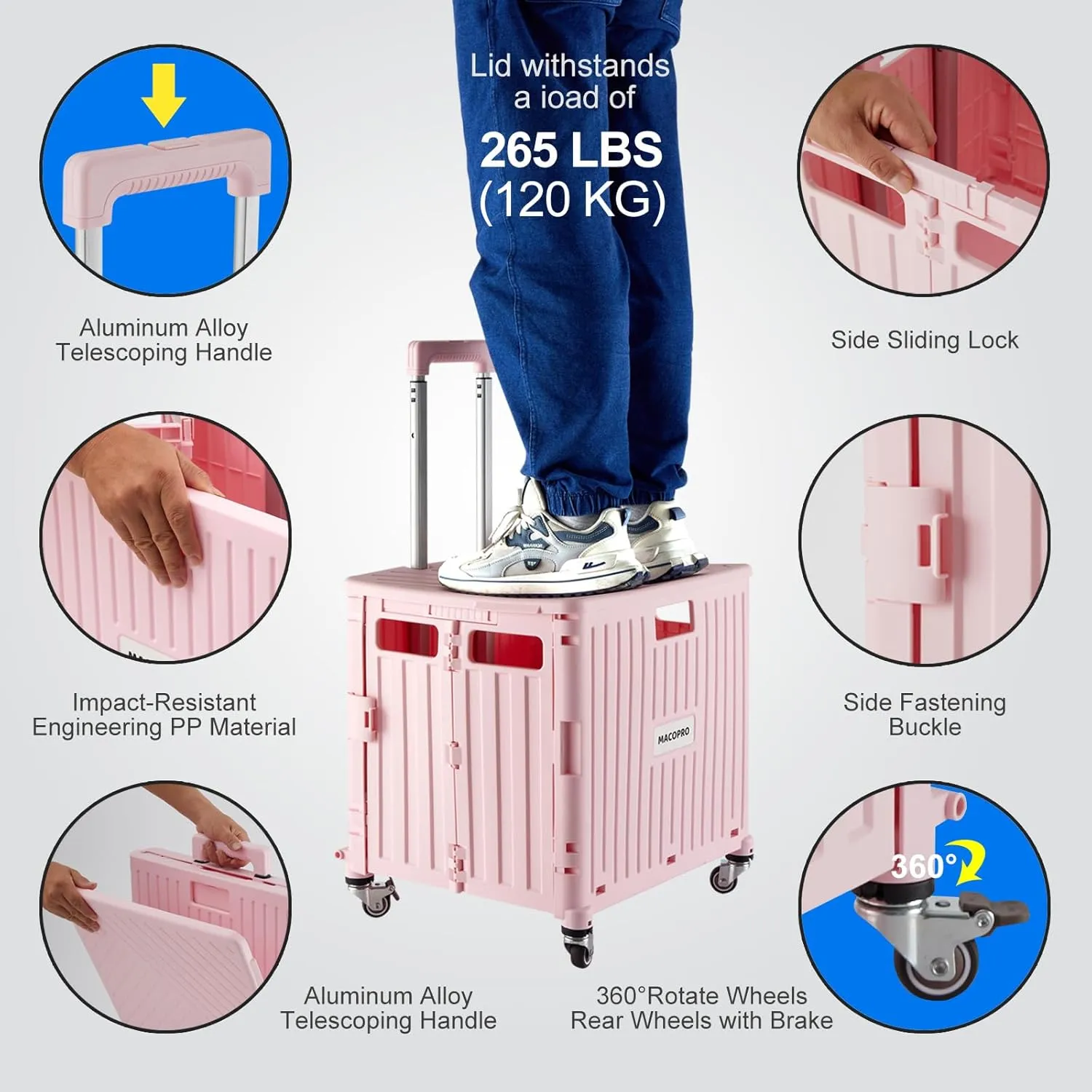 Folding Utility Cart Portable Rolling Crate Handcart Shopping Trolley Collapsible Tool Box, with Lid, Basket on 4 Rotate Wheels, for Grocery, Shopping, Office, Teacher (Pink)