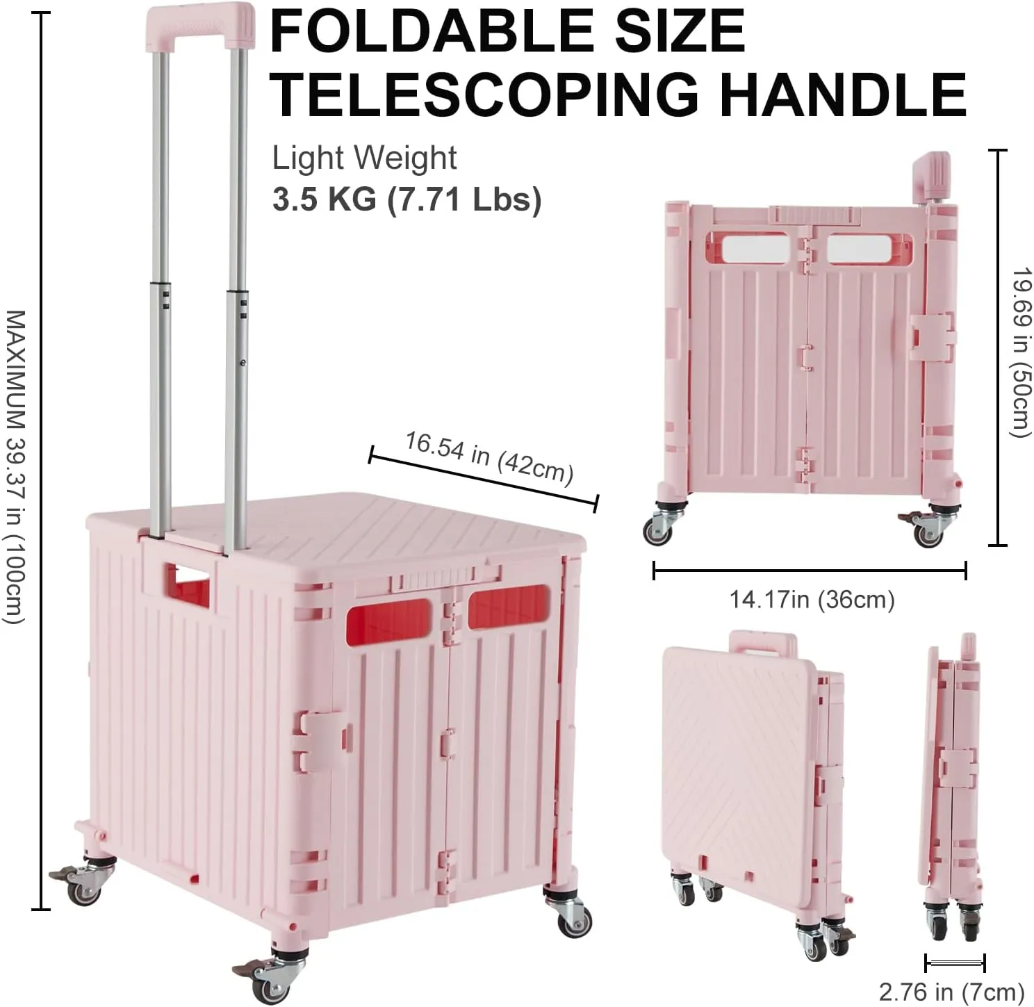 Folding Utility Cart Portable Rolling Crate Handcart Shopping Trolley Collapsible Tool Box, with Lid, Basket on 4 Rotate Wheels, for Grocery, Shopping, Office, Teacher (Pink)