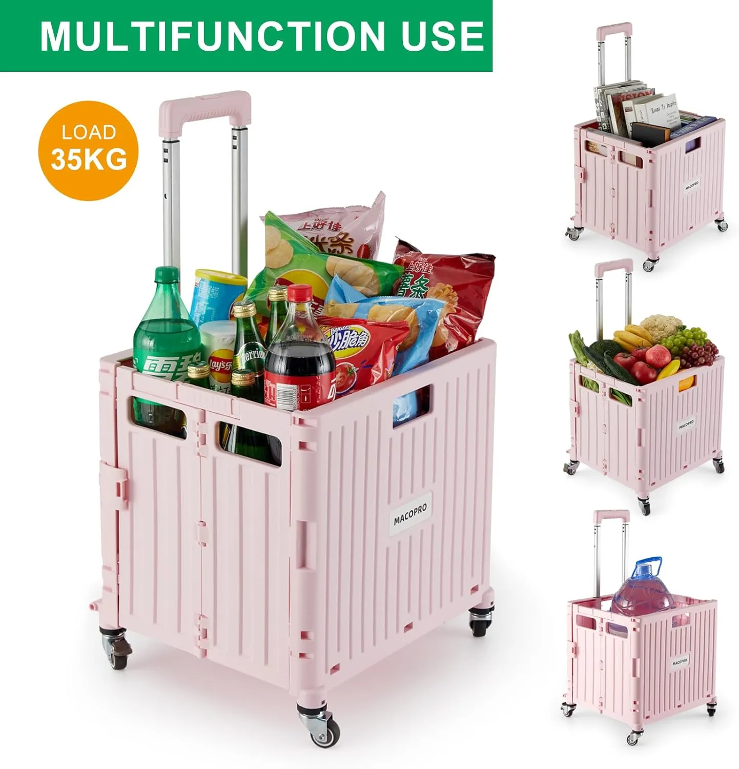 Folding Utility Cart Portable Rolling Crate Handcart Shopping Trolley Collapsible Tool Box, with Lid, Basket on 4 Rotate Wheels, for Grocery, Shopping, Office, Teacher (Pink)