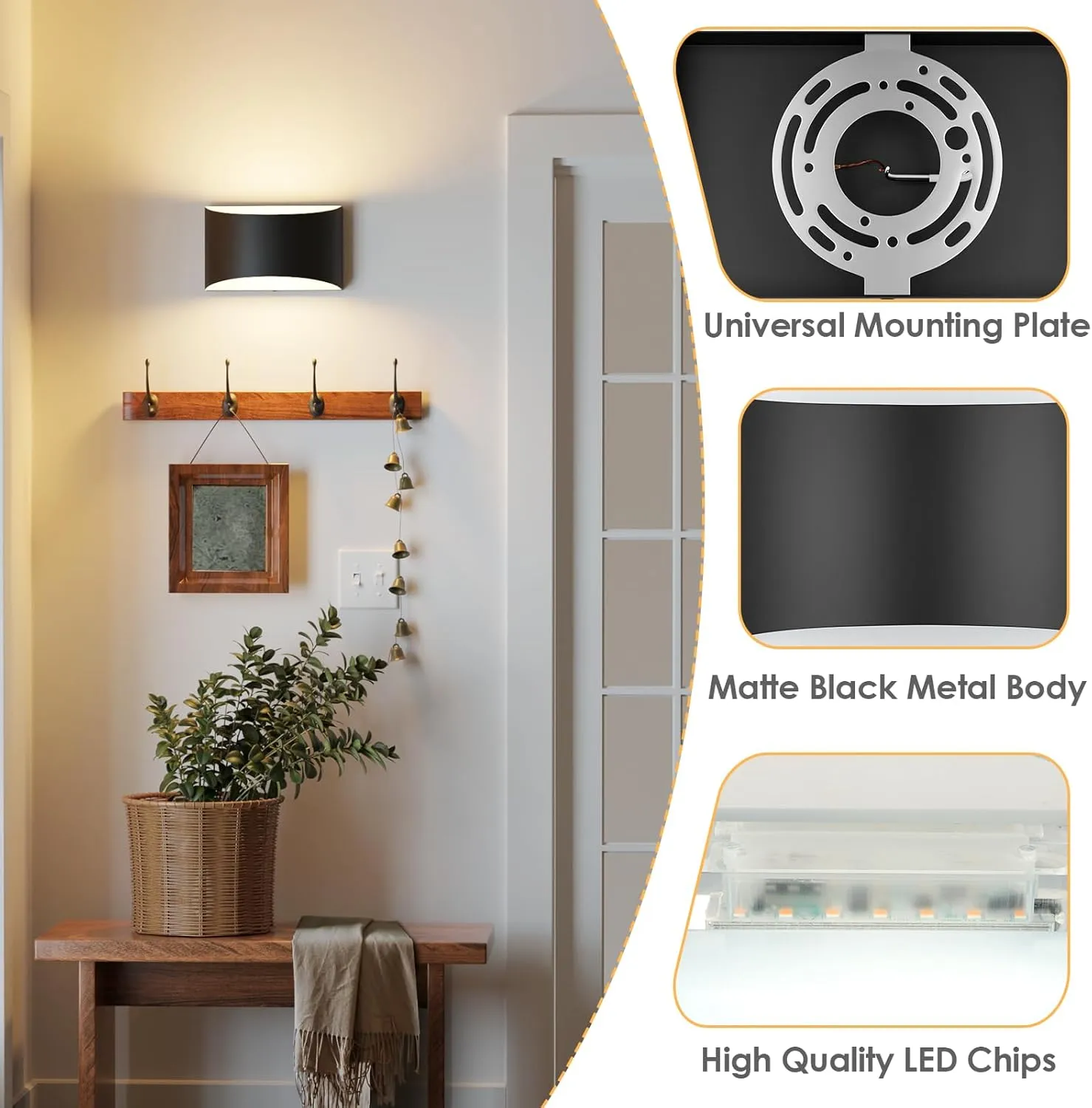 FOLKSMATE Modern LED Wall Sconces, 3000K Warm White Hardwired Wall Lights Set of 2, 10W Up and Down Wall Mount Light, Matte Black Indoor Sconces Wall Lighting