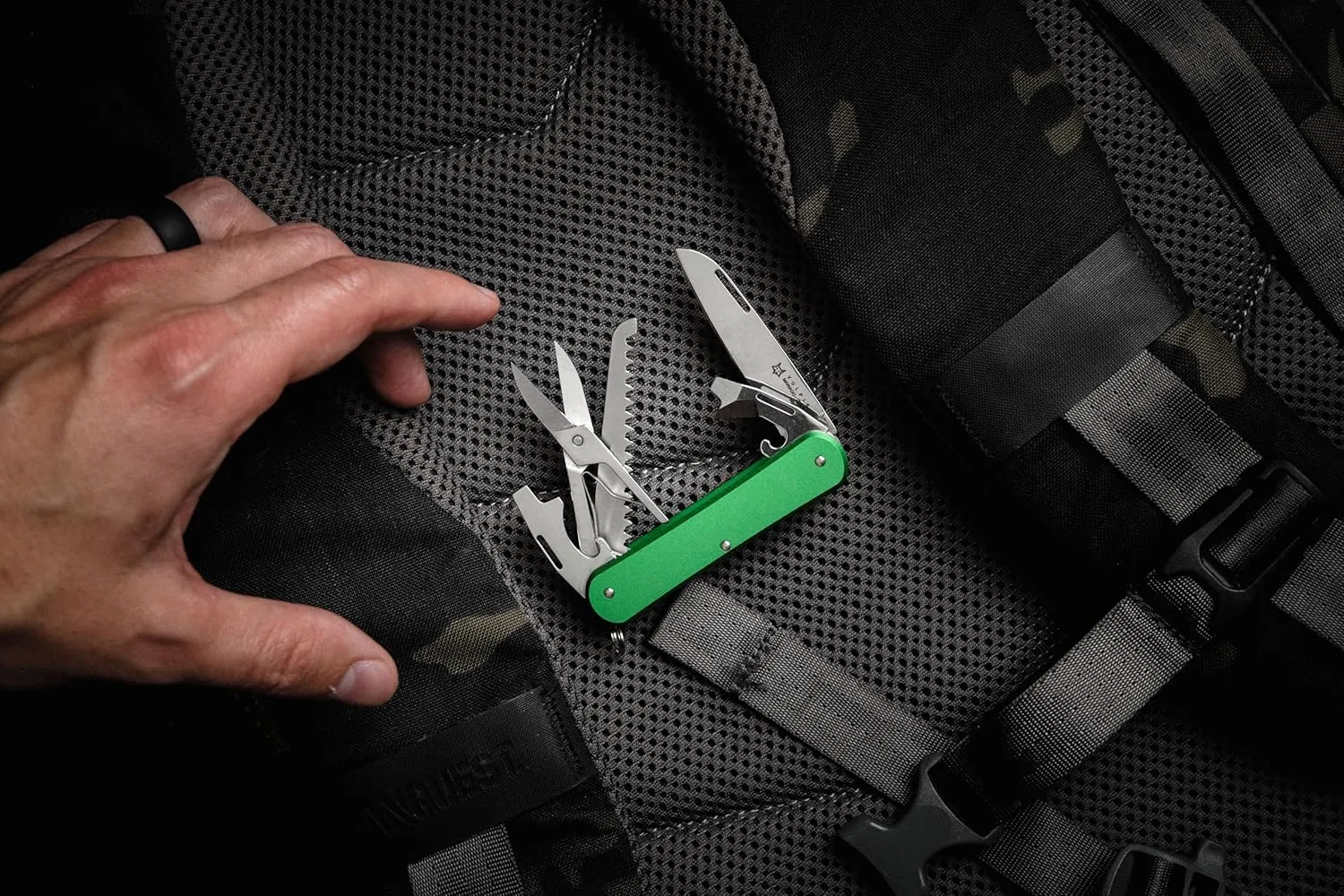 Fox Knives Vulpis FX-VP130-SF5 Slipjoint EDC Pocket Knife 5-in-1 Multitool - 2.17in Blade, Hacksaw, Bottle Opener, Can Opener, Scissors, Flat Head Screwdriver - Every Day Carry (OD Green)
