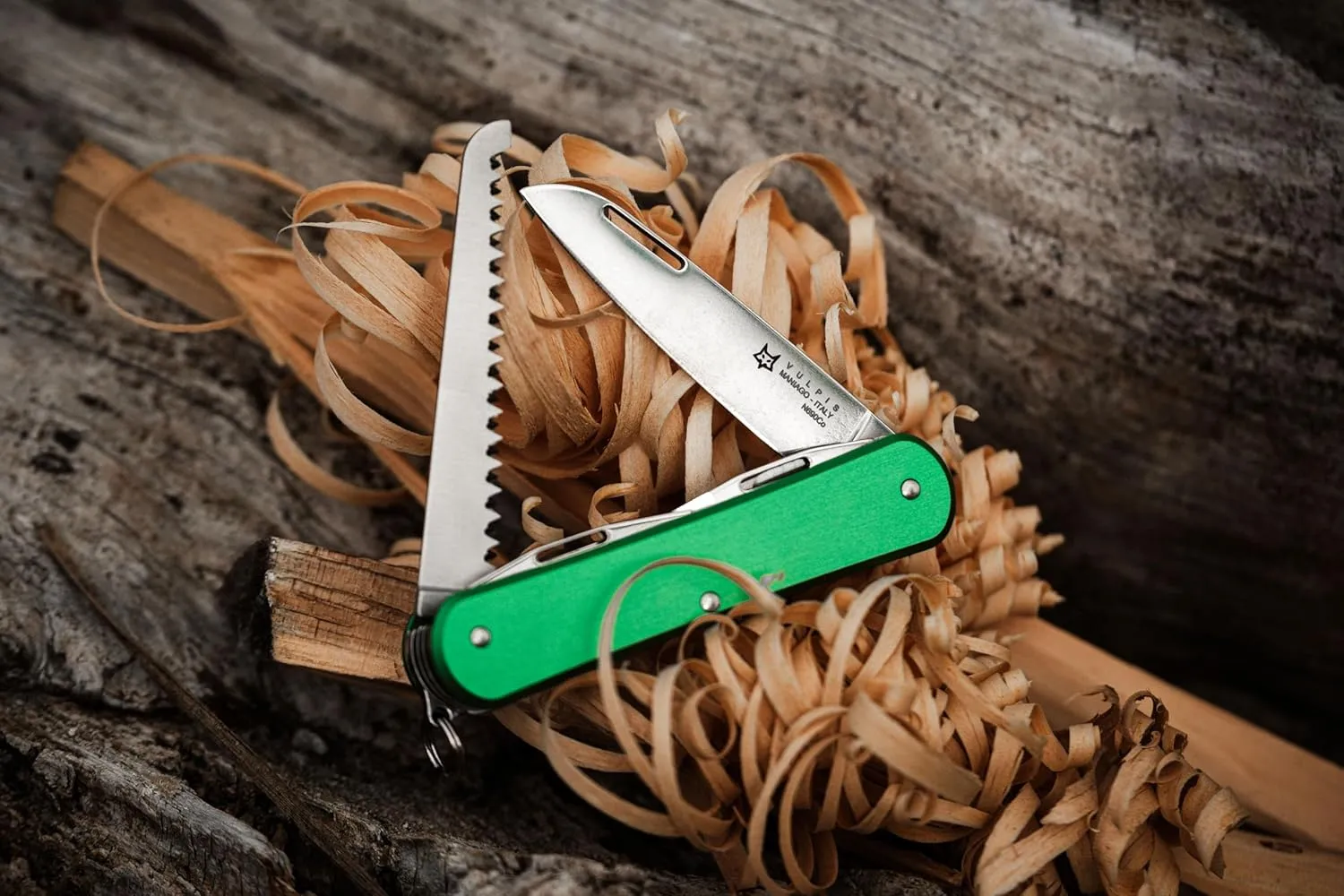 Fox Knives Vulpis FX-VP130-SF5 Slipjoint EDC Pocket Knife 5-in-1 Multitool - 2.17in Blade, Hacksaw, Bottle Opener, Can Opener, Scissors, Flat Head Screwdriver - Every Day Carry (OD Green)