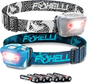 Foxelli LED Headlamp Bundle of 2 - Spotted & Forest: Waterproof, White & Red Light, Comfortable Band, 3 AAA Batteries Included