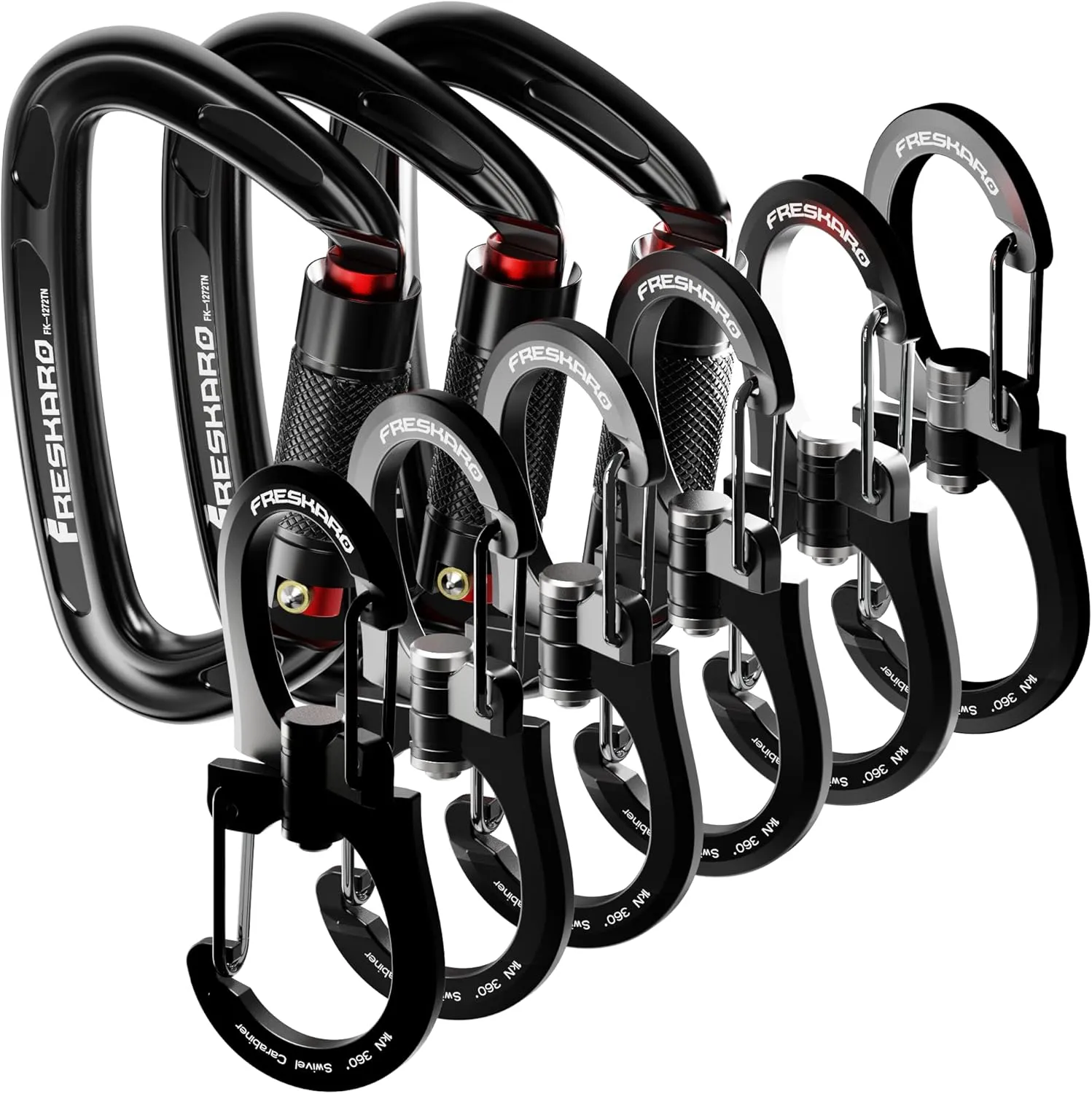 FresKaro 3pcs 25kN Twist Locking Climbing Carabiners and 5pcs 1kN 360 Degree Swivel Carabiner Clips