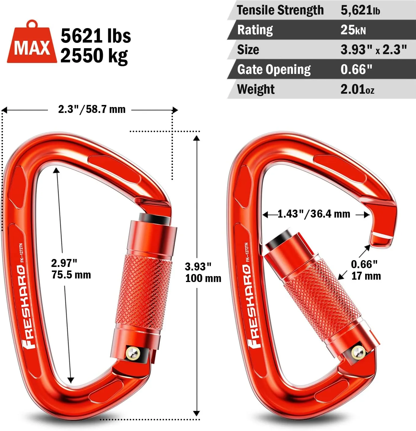 FresKaro 4inches 25kN-5621lbs Climbing Carabiners, UIAA CE Certified, Twist Auto Locking, Made of 7075 Aluminium, Lightweight, Rust Proof, for Mountaineering, Rappelling etc., Multi-Colors