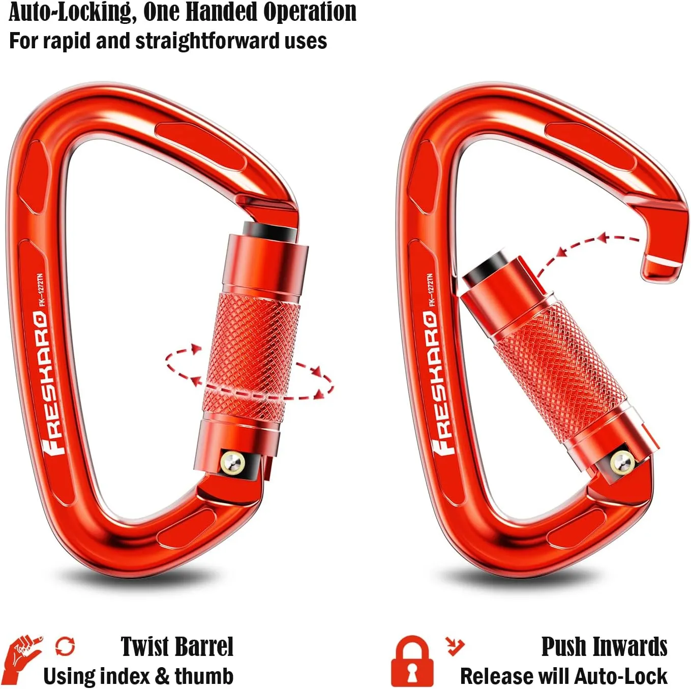 FresKaro 4inches 25kN-5621lbs Climbing Carabiners, UIAA CE Certified, Twist Auto Locking, Made of 7075 Aluminium, Lightweight, Rust Proof, for Mountaineering, Rappelling etc., Multi-Colors