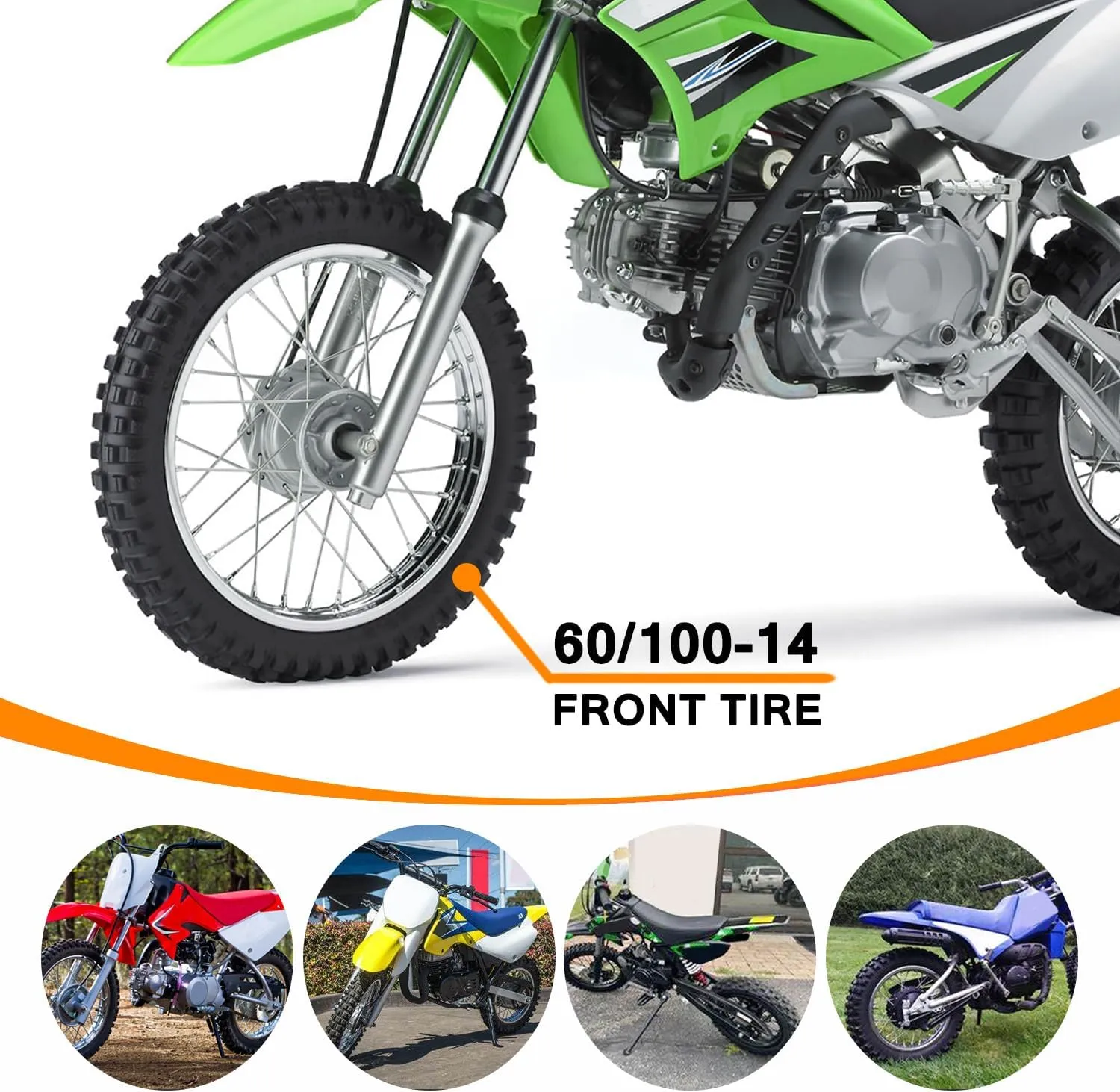 Front 60/100-14 2.50-14 Tire and Inner Tube for 110cc 125cc CRF70 CRF110 XR70 KLX110 TTR90 PW80 RM60 RM65 TaoTao DB14 SSR Apollo Coolster Dirt Pit Bike Motorcycle Off Road Motocross Heavy Duty