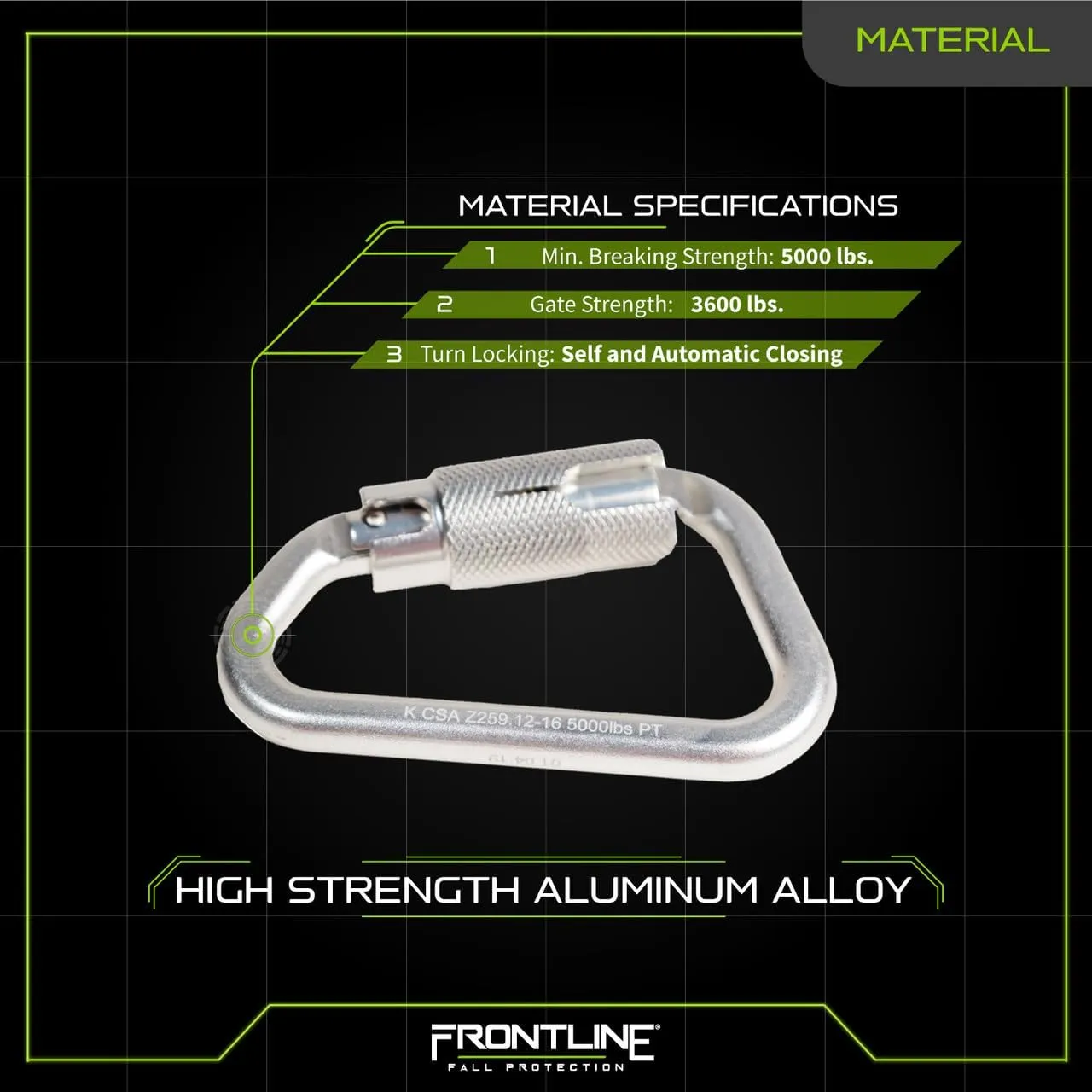 Frontline Fall Protection CAQ117 Aluminum Quarter Turn Locking Carabiner | High Strength Alluminum Safety Connector | ANSI & OSHA Compliant | Gate Strength: 3600 lbs