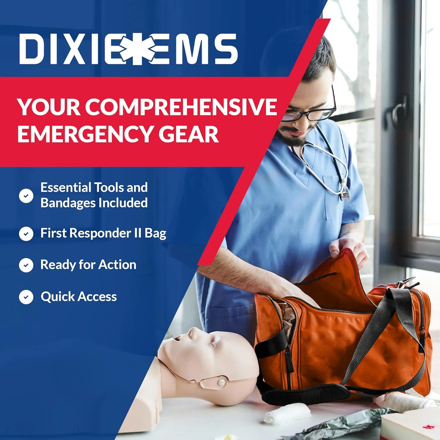 Fully Stocked Trauma First Aid Kit – First Responder II Bag with Tools, Gauze, Bandages, Scissors & Gloves – Compact & Portable – OSHA and ANSI Compliant – Orange