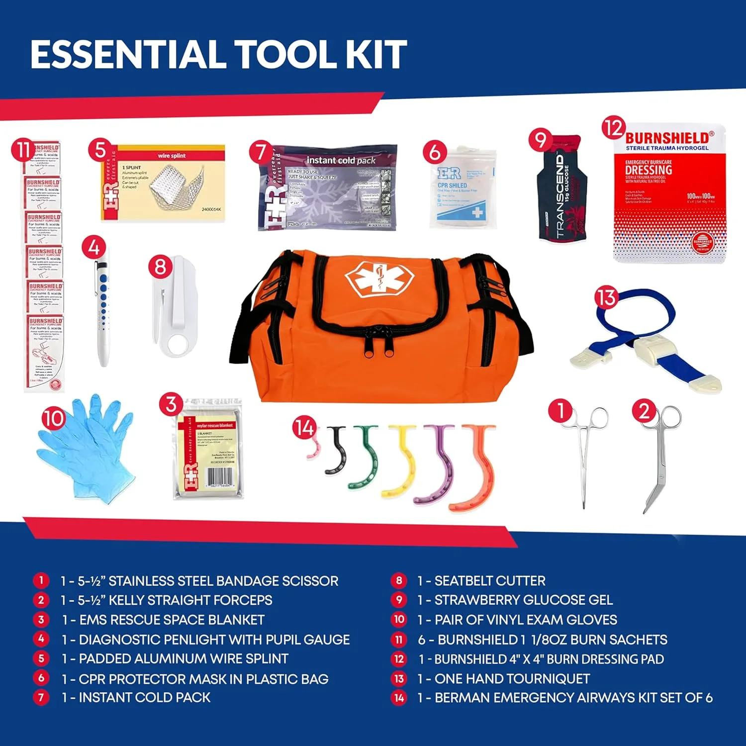 Fully Stocked Trauma First Aid Kit – First Responder II Bag with Tools, Gauze, Bandages, Scissors & Gloves – Compact & Portable – OSHA and ANSI Compliant – Orange